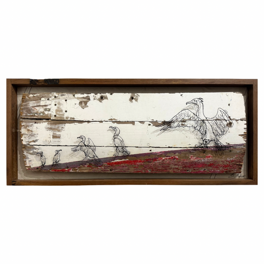 Ben Baker 'Cormorants' Wire Drawing and Wood on Canvas