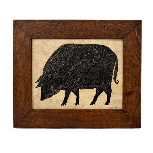 Tabby Booth Painting 'BLACK PIG' in Vintage Frame