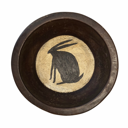 Tabby Booth Painting RABBIT in Antique Wood Bowl