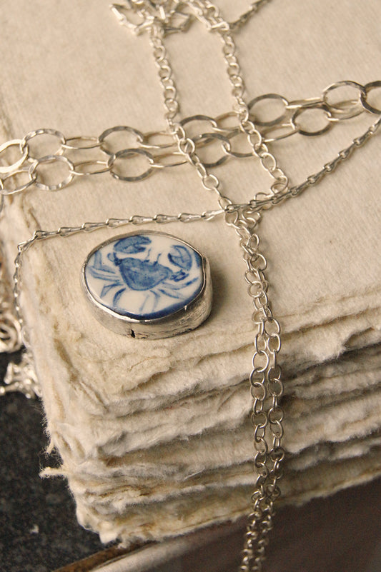 Eloise Rose Handmade Recycled Silver & Porcelain Pendant Necklace  • Crab