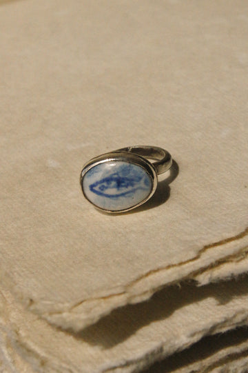 Eloise Rose Handmade Recycled 925 Silver & Porcelain Ring • Mackerel