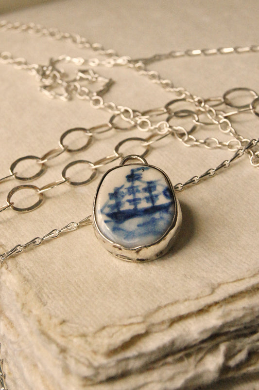 Eloise Rose Handmade Recycled Silver & Porcelain Pendant Necklace  • Boat